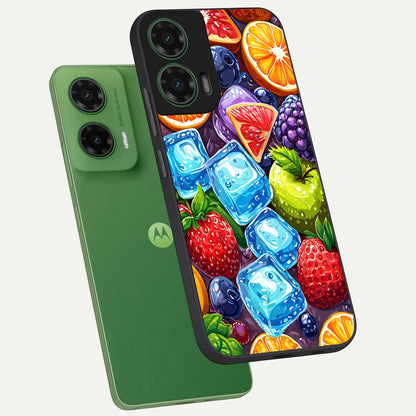  Colorful Fruits with Ice phone case For Moto G35 showing premium glass back cover with detailed artwork
