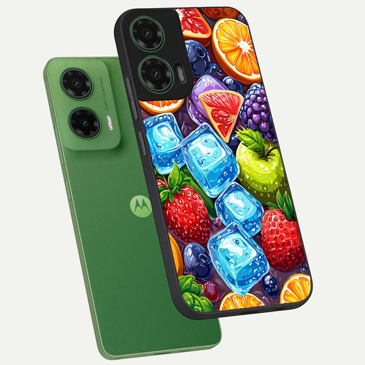  Colorful Fruits with Ice phone case For Moto G35 showing premium glass back cover with detailed artwork