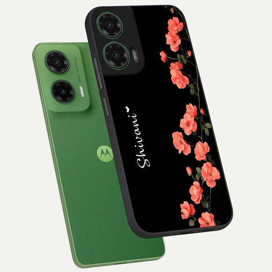  Crimson Bloom Grace Custom Name phone case For Moto G35 showing premium glass back cover with detailed artwork