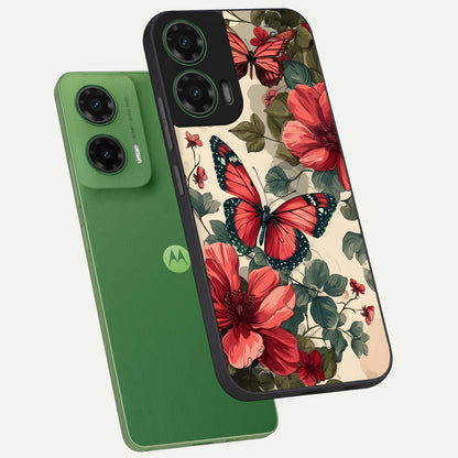  Crimson Butterfly Garden phone case For Moto G35 showing premium glass back cover with detailed artwork