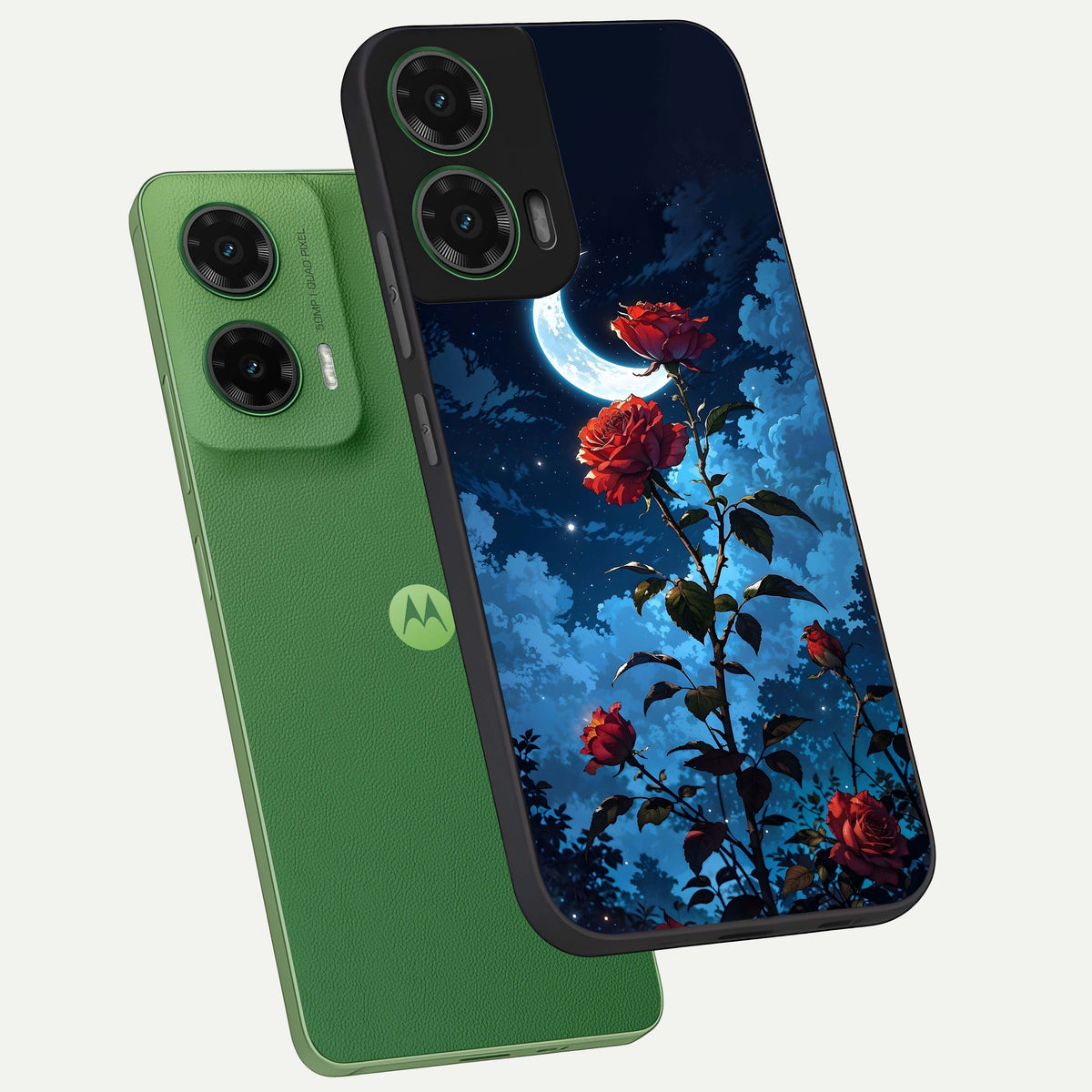  Crimson Rose Moon phone case For Moto G35 showing premium glass back cover with detailed artwork