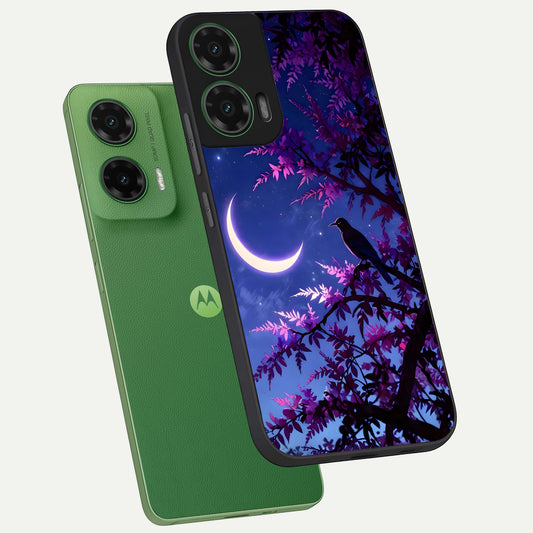  Crow And Moon Scenery phone case For Moto G35 showing premium glass back cover with detailed artwork