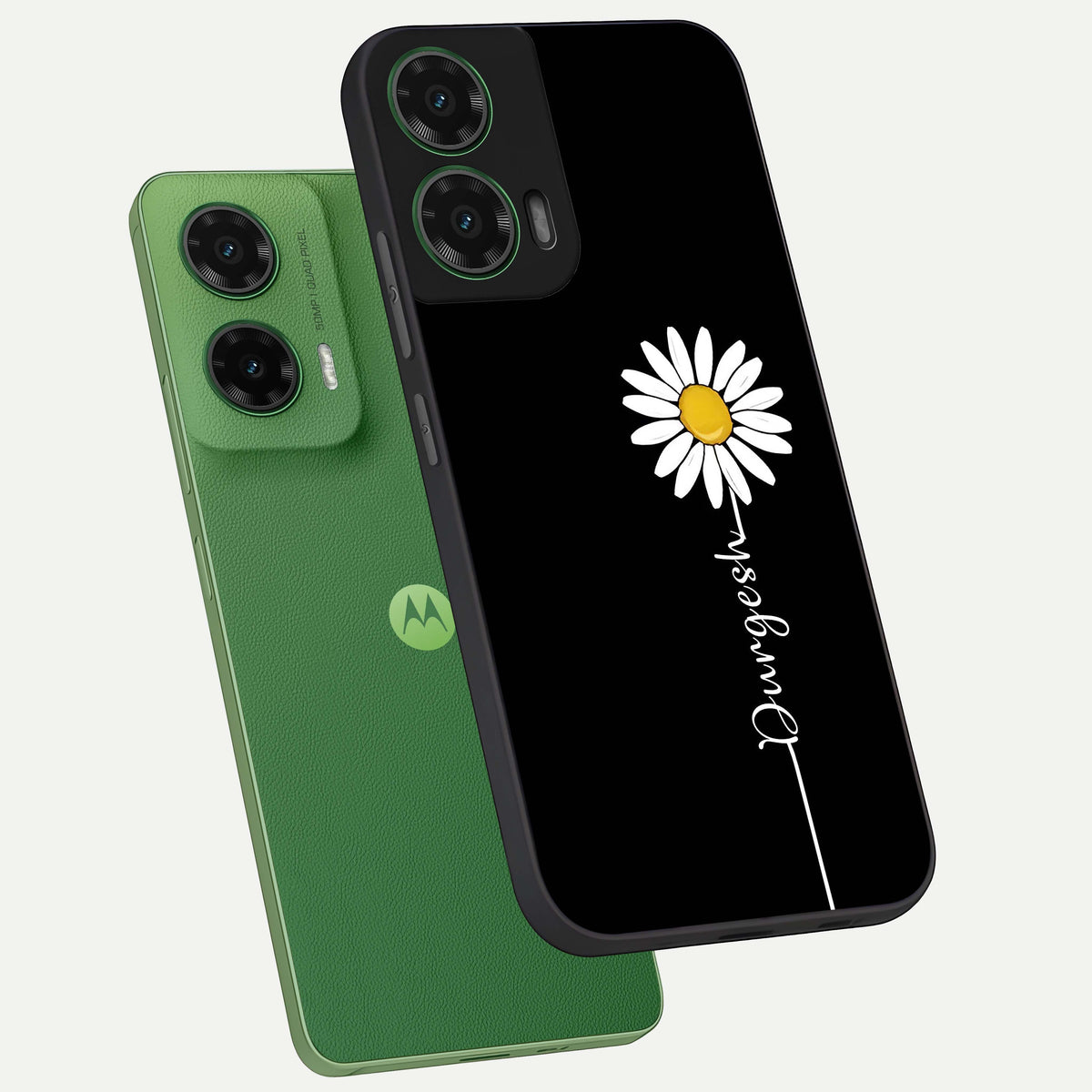  Custom Name White Flower phone case For Moto G35 showing premium glass back cover with detailed artwork