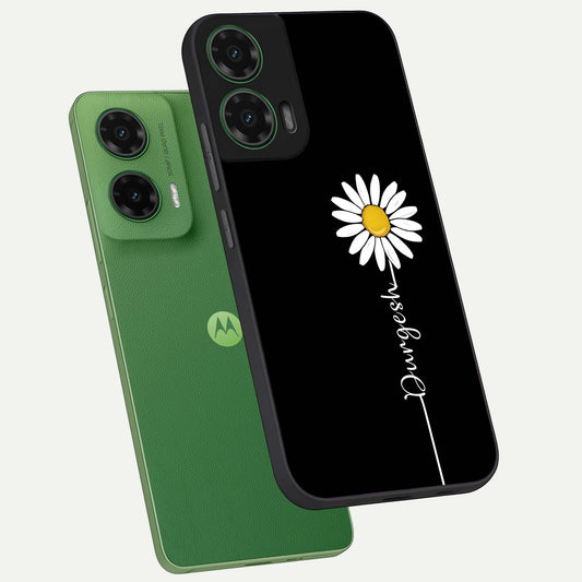  Custom Name White Flower phone case For Moto G35 showing premium glass back cover with detailed artwork