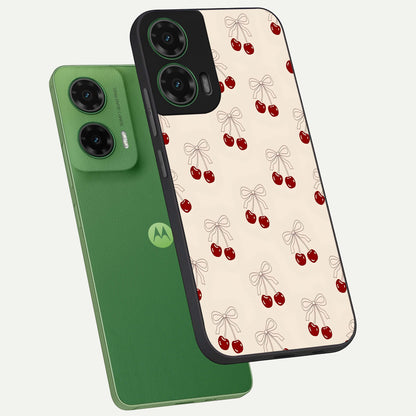  Cute Cherry Pattern phone case For Moto G35 showing premium glass back cover with detailed artwork