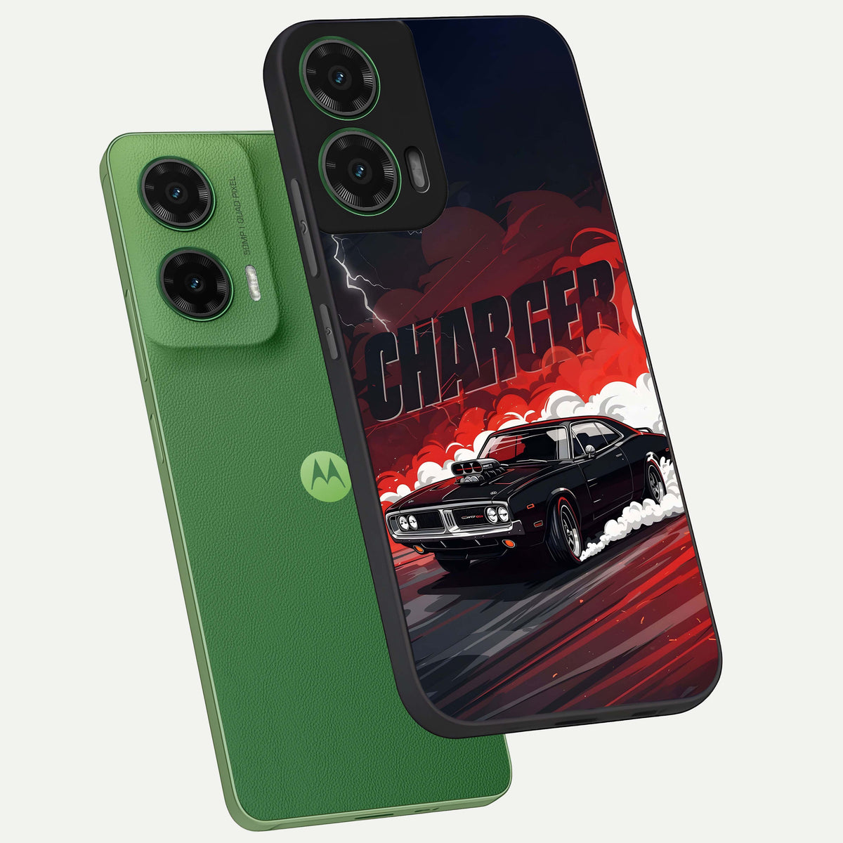  Dark Charger Fury phone case For Moto G35 showing premium glass back cover with detailed artwork