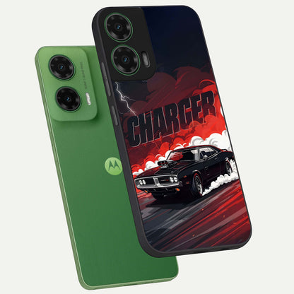  Dark Charger Fury phone case For Moto G35 showing premium glass back cover with detailed artwork