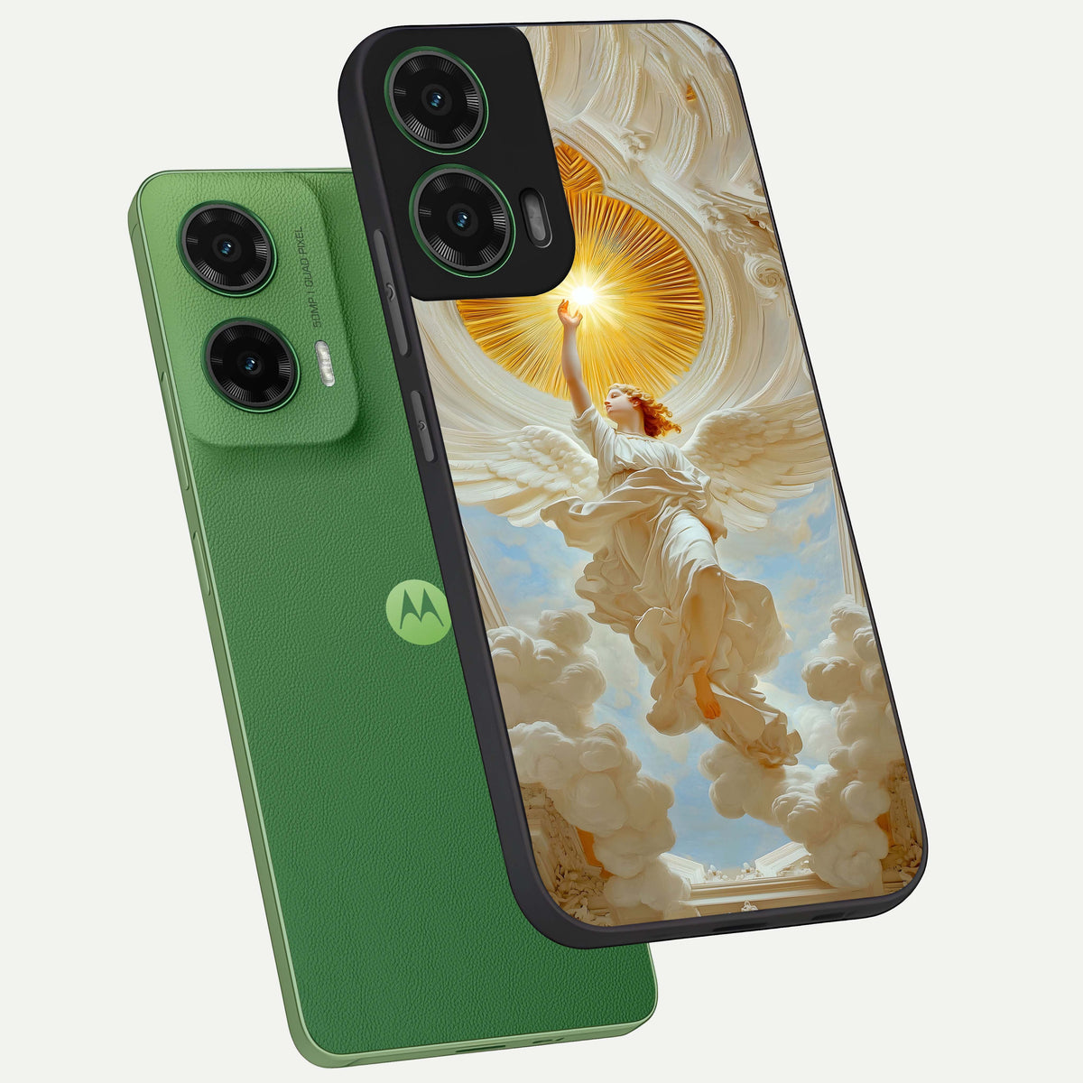  Divine Light Angel phone case For Moto G35 showing premium glass back cover with detailed artwork