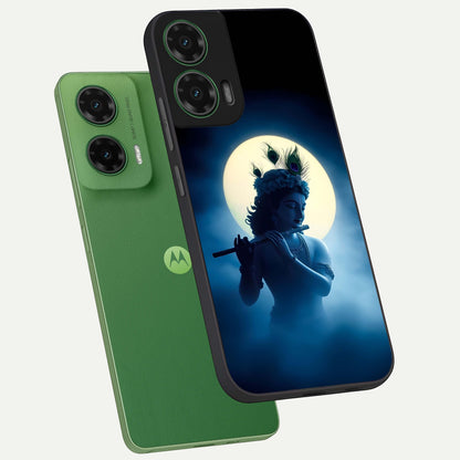  Divine Moon Flute phone case For Moto G35 showing premium glass back cover with detailed artwork