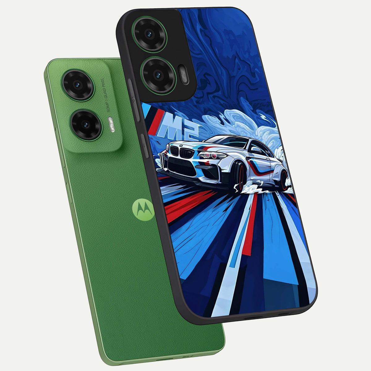 Drift Power Rush phone case For Moto G35 showing premium glass back cover with detailed artwork