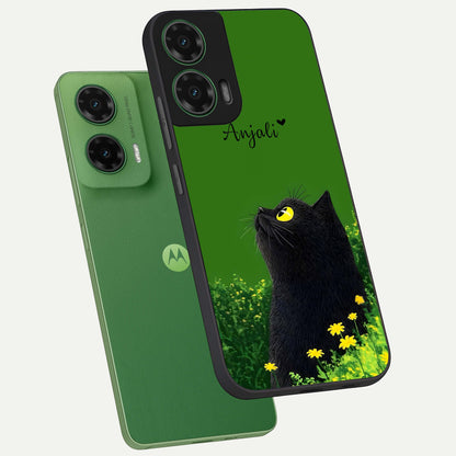  Emerald Cat Custom Name phone case For Moto G35 showing premium glass back cover with detailed artwork