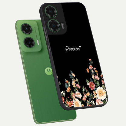  Floral Design Personalized Custom Name phone case For Moto G35 showing premium glass back cover with detailed artwork