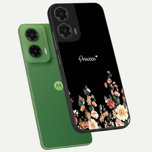 Floral Design Personalized Custom Name phone case For Moto G35 showing premium glass back cover with detailed artwork