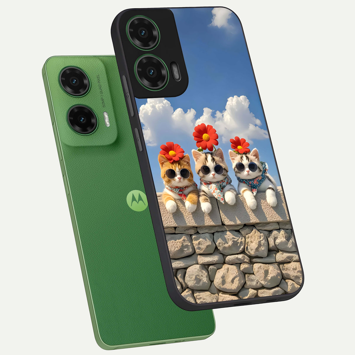  Floral Kitty Squad phone case For Moto G35 showing premium glass back cover with detailed artwork