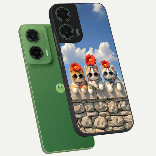  Floral Kitty Squad phone case For Moto G35 showing premium glass back cover with detailed artwork