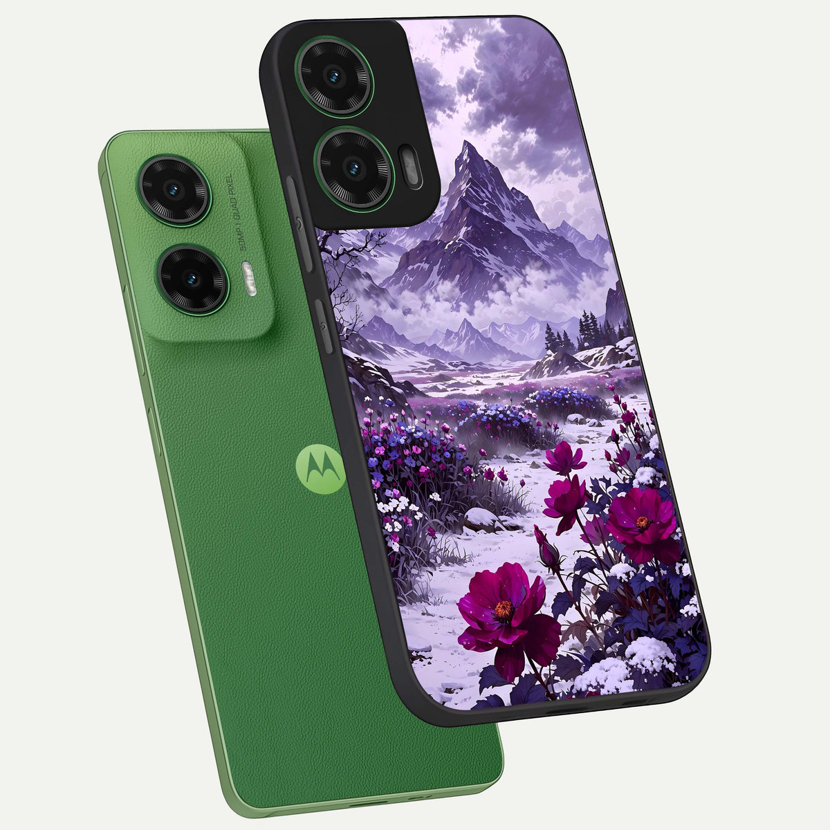  Flower Mountain View phone case For Moto G35 showing premium glass back cover with detailed artwork