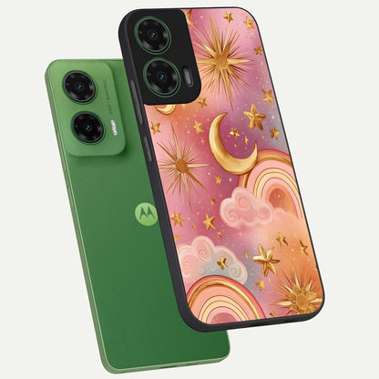  Golden Celestial Dreams phone case For Moto G35 showing premium glass back cover with detailed artwork