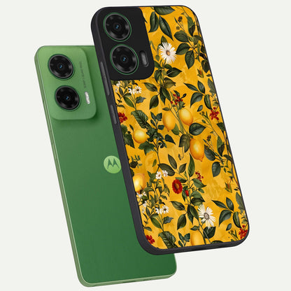  Golden Lemon Field phone case For Moto G35 showing premium glass back cover with detailed artwork