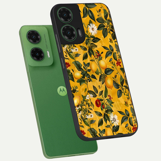  Golden Lemon Field phone case For Moto G35 showing premium glass back cover with detailed artwork