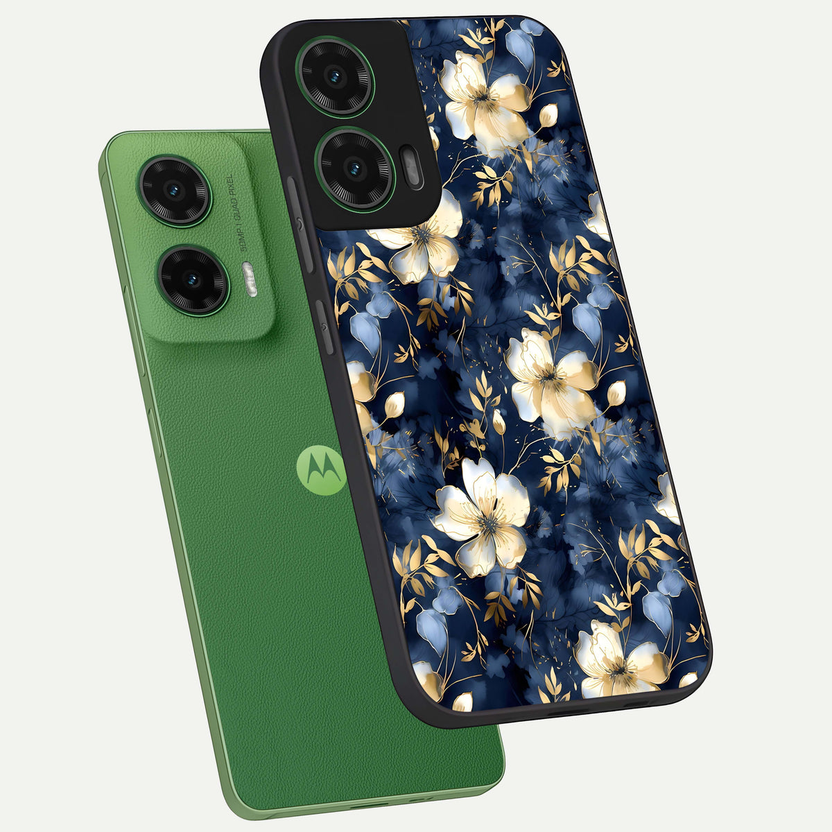  Golden Midnight Bloom phone case For Moto G35 showing premium glass back cover with detailed artwork