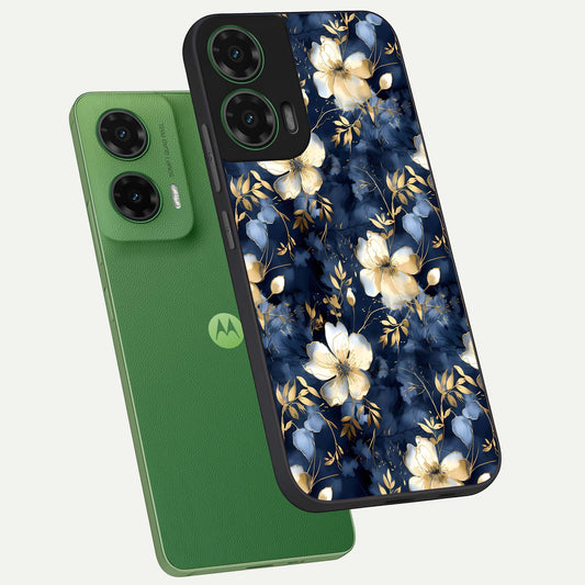  Golden Midnight Bloom phone case For Moto G35 showing premium glass back cover with detailed artwork