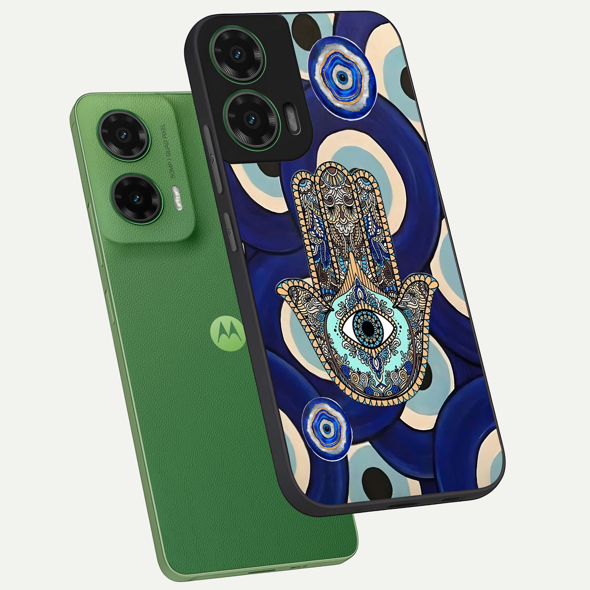  Hamsa Divine Guard phone case For Moto G35 showing premium glass back cover with detailed artwork