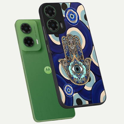  Hamsa Divine Guard phone case For Moto G35 showing premium glass back cover with detailed artwork