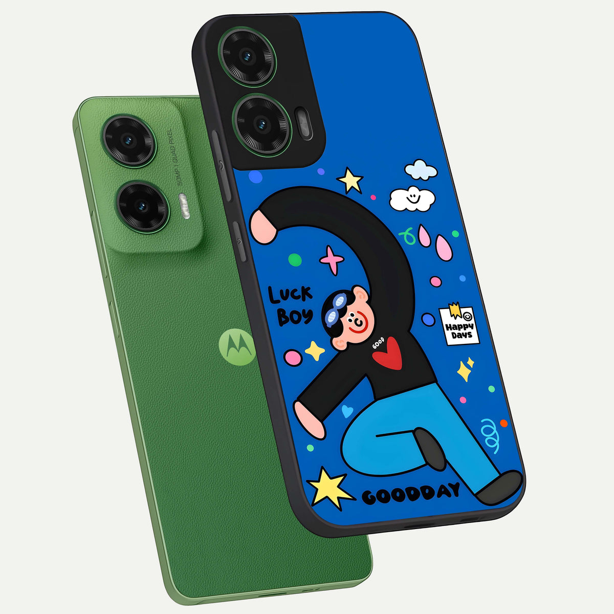  Happy Luck Vibe phone case For Moto G35 showing premium glass back cover with detailed artwork