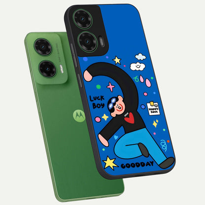  Happy Luck Vibe phone case For Moto G35 showing premium glass back cover with detailed artwork