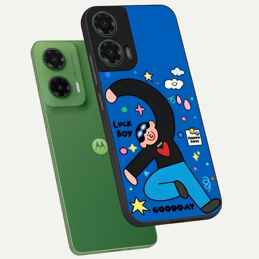  Happy Luck Vibe phone case For Moto G35 showing premium glass back cover with detailed artwork