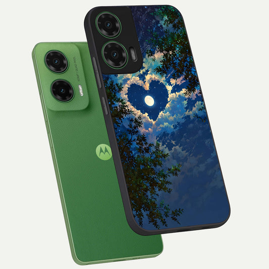  Heart With Moon Sky phone case For Moto G35 showing premium glass back cover with detailed artwork