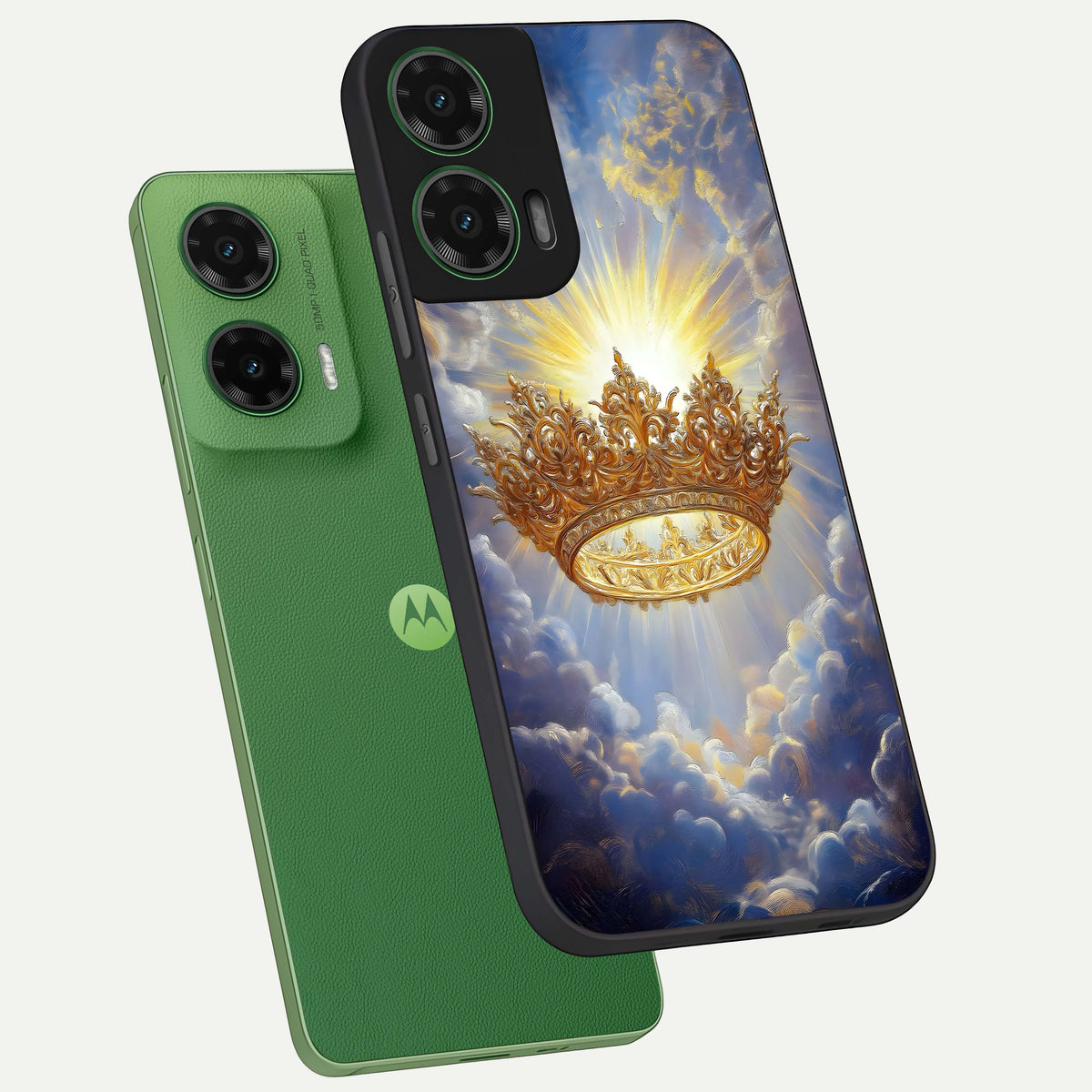 Heavenly Crown Light phone case For Moto G35 showing premium glass back cover with detailed artwork