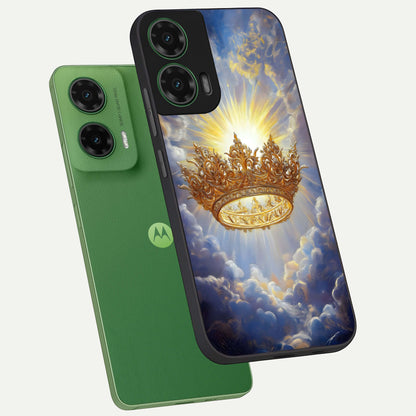  Heavenly Crown Light phone case For Moto G35 showing premium glass back cover with detailed artwork