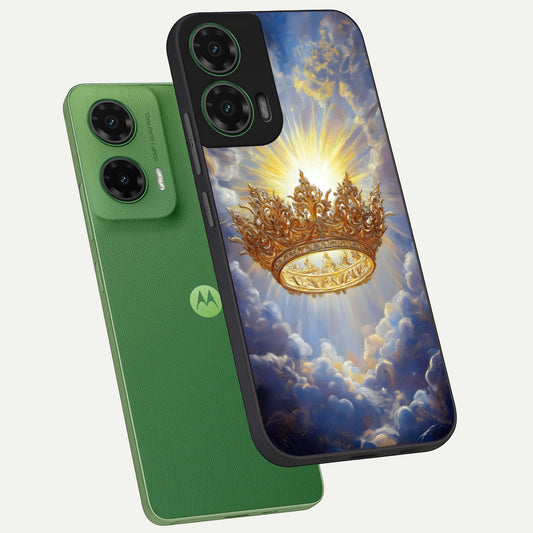  Heavenly Crown Light phone case For Moto G35 showing premium glass back cover with detailed artwork