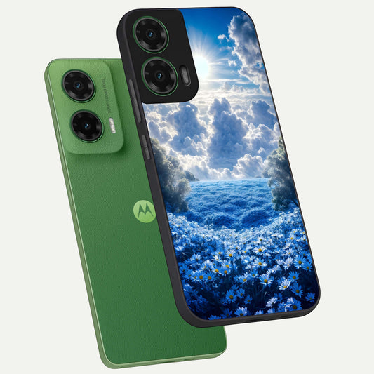  Heavenly Daisy Horizon phone case For Moto G35 showing premium glass back cover with detailed artwork