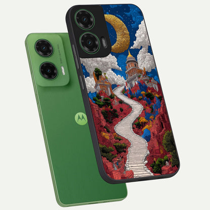  Heavenly Moon Path phone case For Moto G35 showing premium glass back cover with detailed artwork