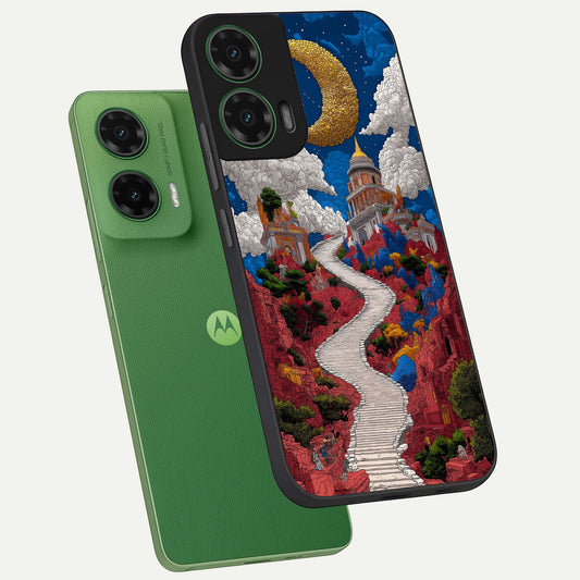  Heavenly Moon Path phone case For Moto G35 showing premium glass back cover with detailed artwork