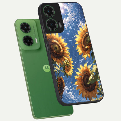  Heavenly Sunflower Rise phone case For Moto G35 showing premium glass back cover with detailed artwork