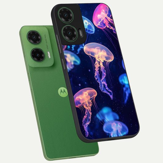  Jellyfish Pattern phone case For Moto G35 showing premium glass back cover with detailed artwork