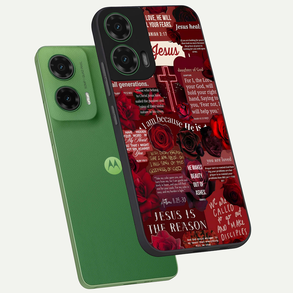  Jesus Love Heals phone case For Moto G35 showing premium glass back cover with detailed artwork