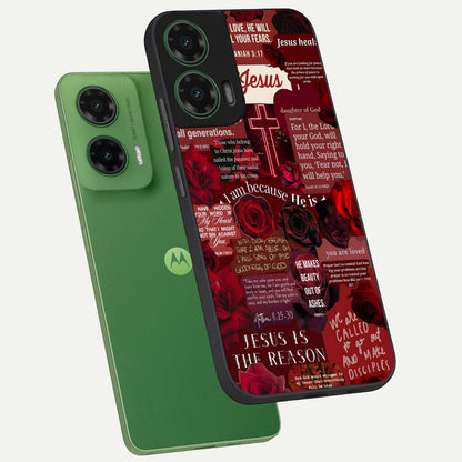  Jesus Love Heals phone case For Moto G35 showing premium glass back cover with detailed artwork