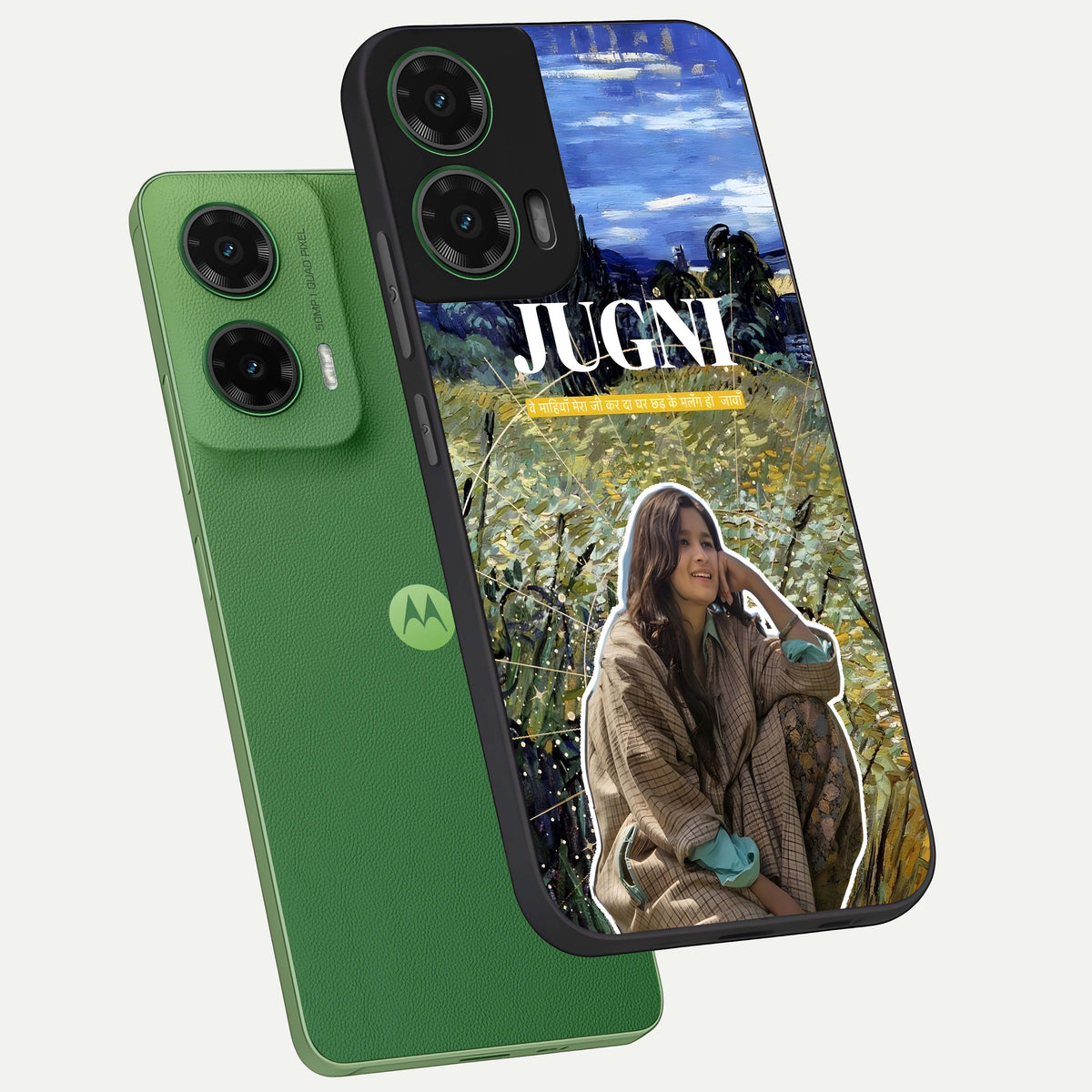  Jugni Soul Vibes phone case For Moto G35 showing premium glass back cover with detailed artwork