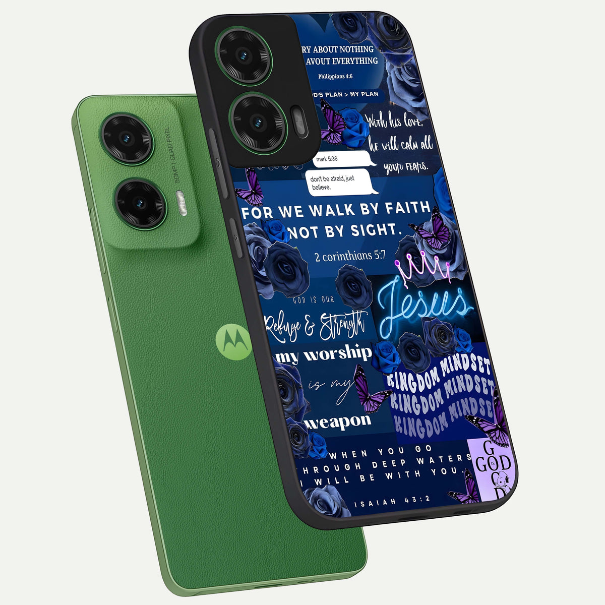  Kingdom Faith Glow phone case For Moto G35 showing premium glass back cover with detailed artwork