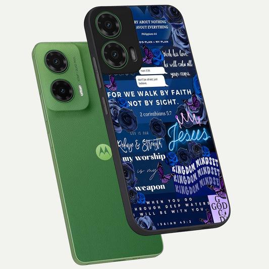  Kingdom Faith Glow phone case For Moto G35 showing premium glass back cover with detailed artwork
