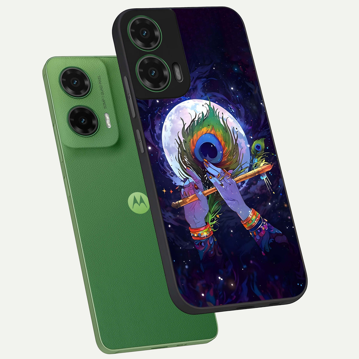 Krishna Hands Art phone case For Moto G35 showing premium glass back cover with detailed artwork
