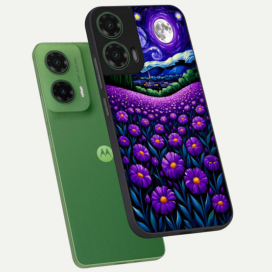  Lavender Moon Field phone case For Moto G35 showing premium glass back cover with detailed artwork