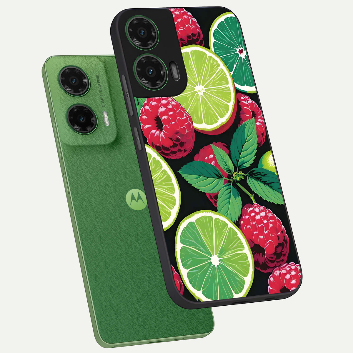  Lime and Raspberry Pattern phone case For Moto G35 showing premium glass back cover with detailed artwork