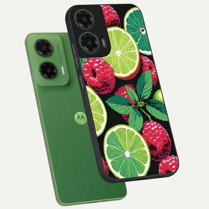  Lime and Raspberry Pattern phone case For Moto G35 showing premium glass back cover with detailed artwork