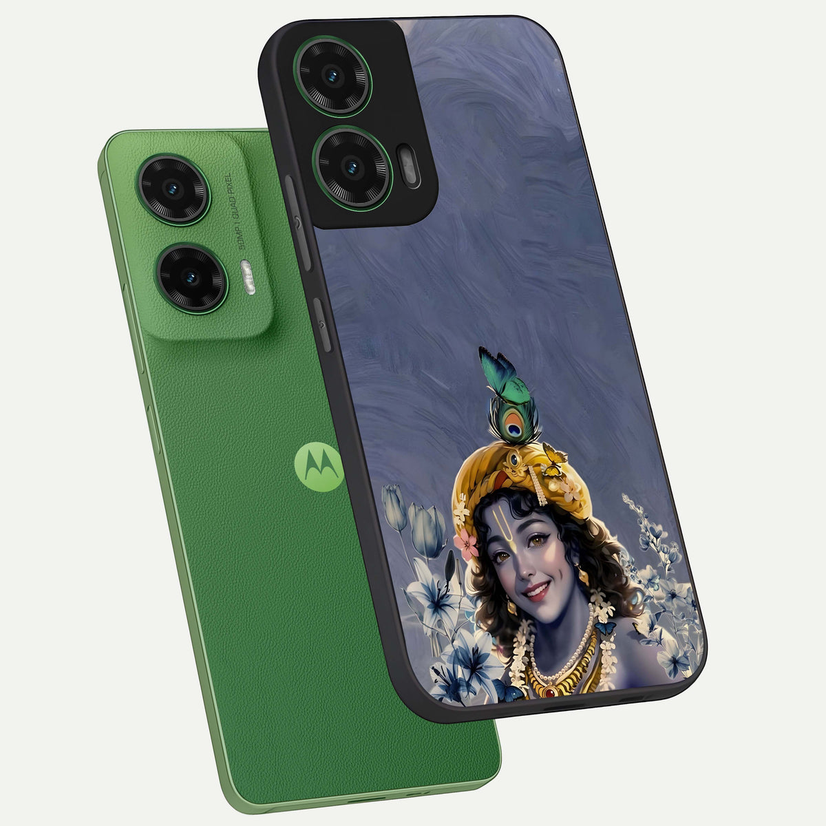  Lord Krishna phone case For Moto G35 showing premium glass back cover with detailed artwork