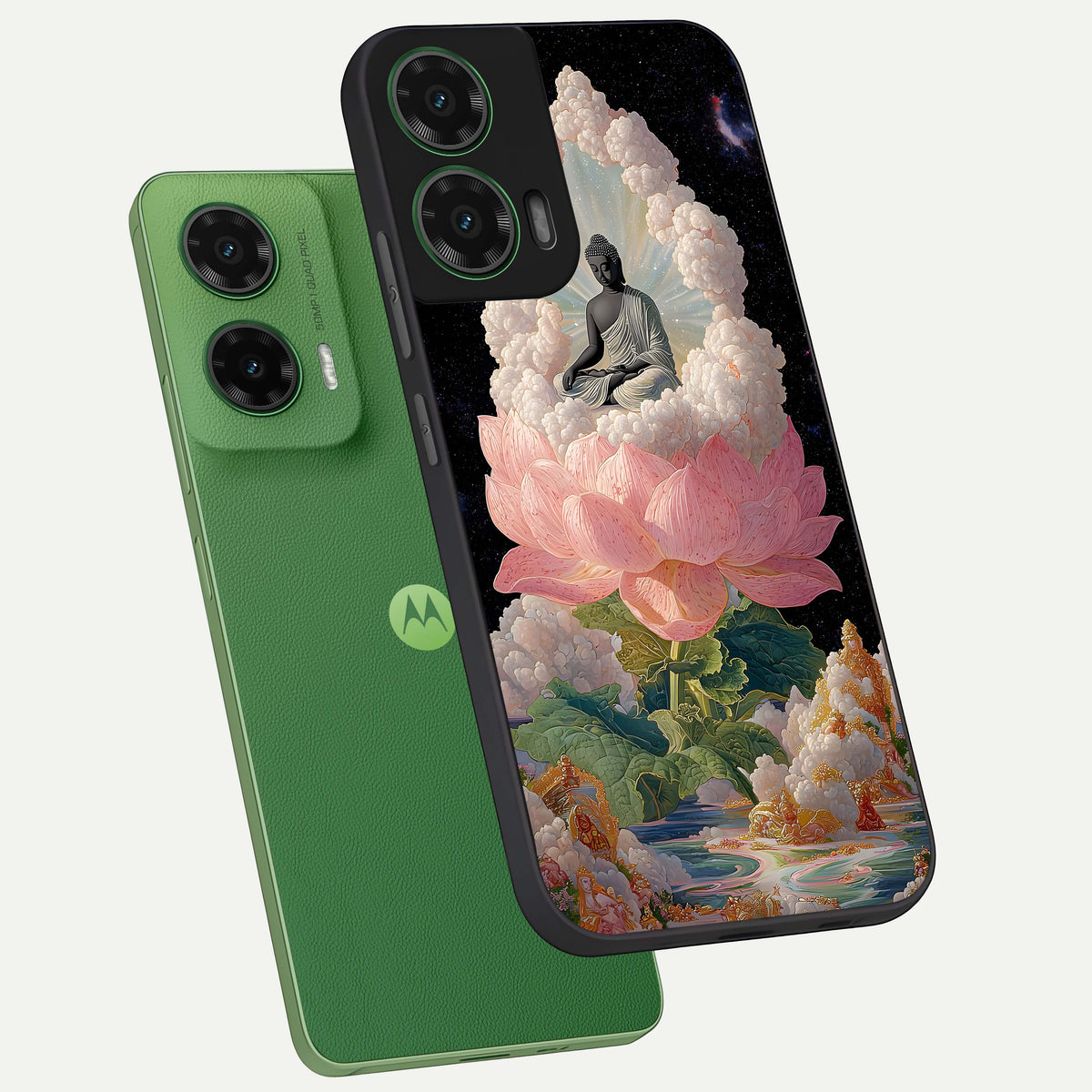  Lotus Divine Peace phone case For Moto G35 showing premium glass back cover with detailed artwork